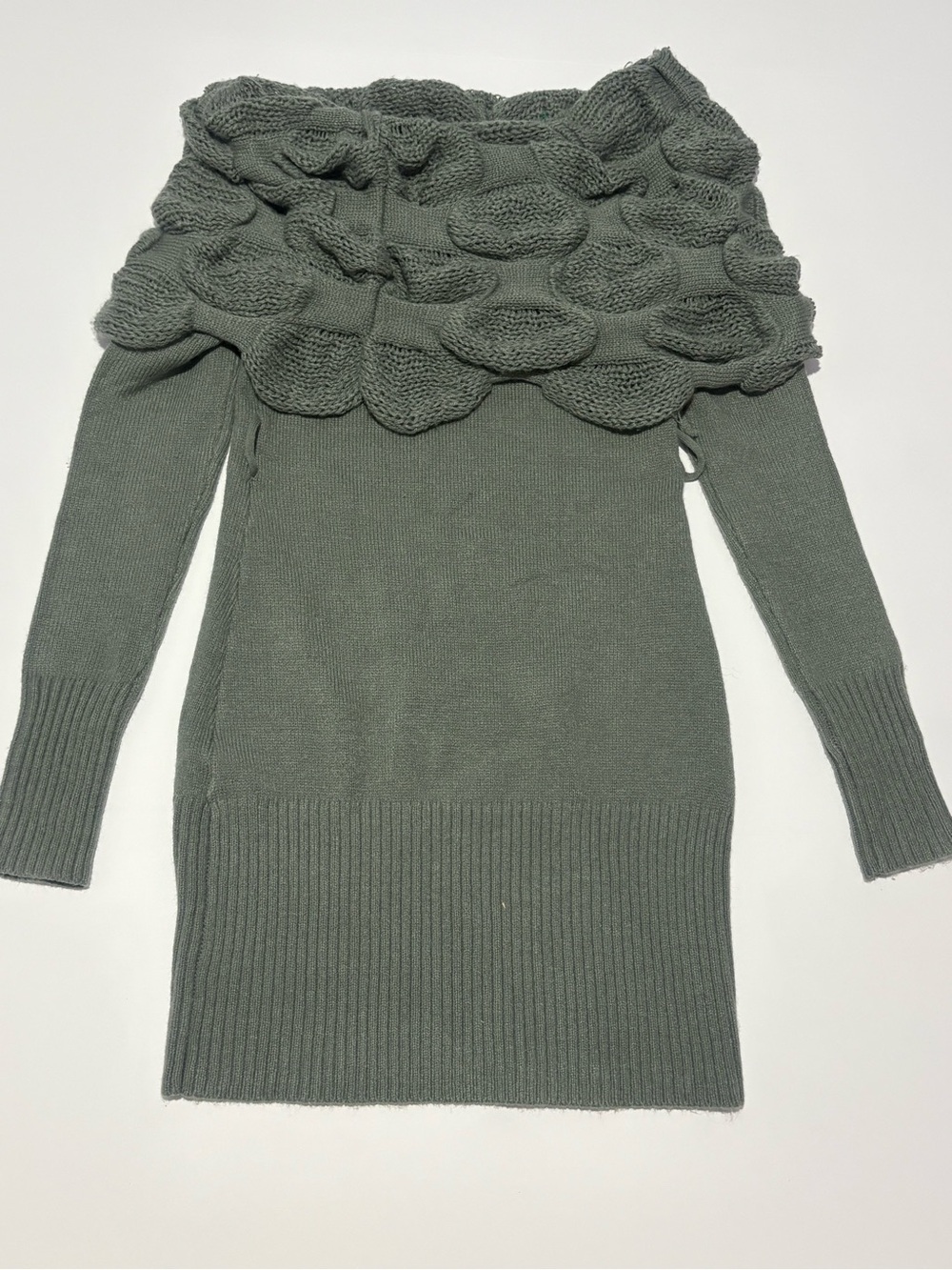 Xtaren Olive Gray Off-Shoulder Ruffle Sweater Dress